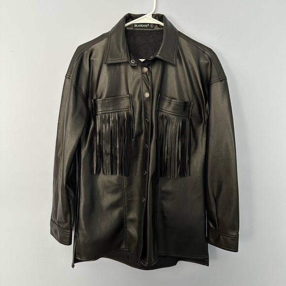 Blank NYC Women’s Lonestar Oversized Vegan Leather Fringe Shirt Jacket S Black - Picture 4 of 11